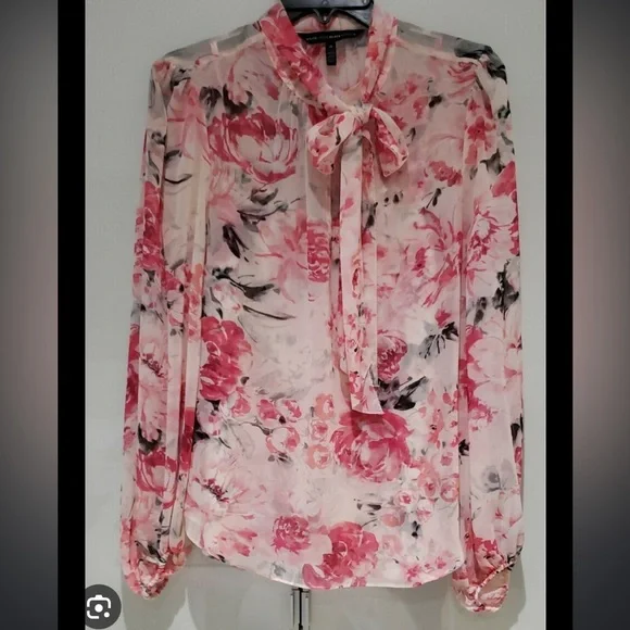 NWT WHBM Long Sleeve Floral Tie-Neck Blouse Size 10 - Picture 1 of 11